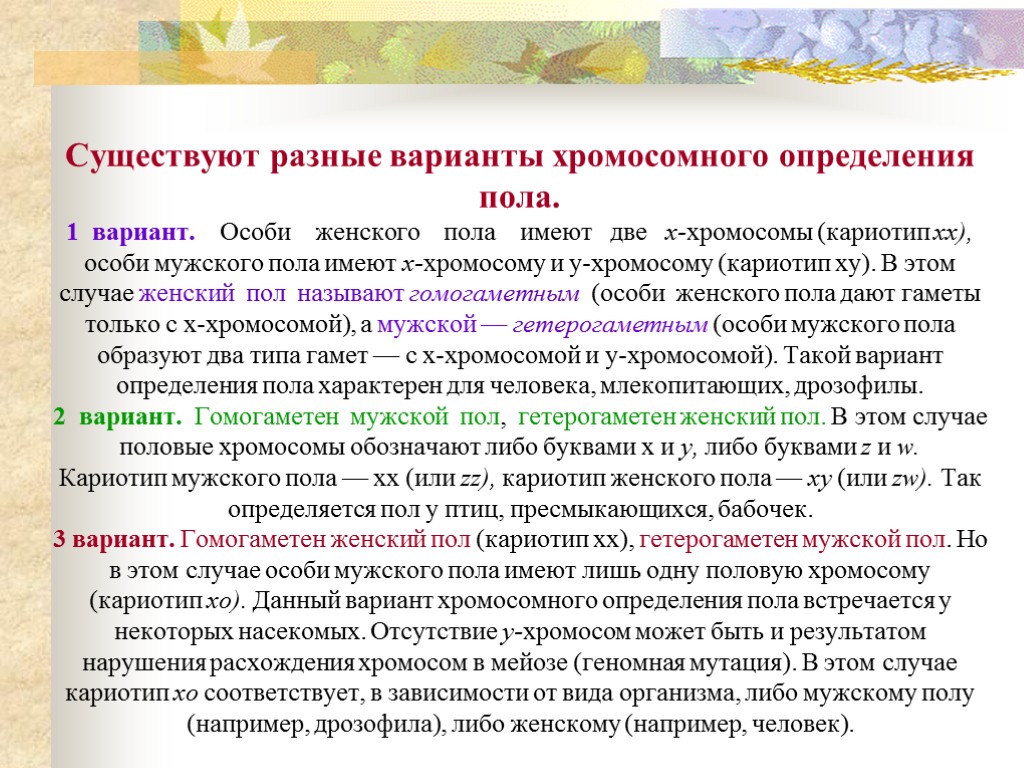 Существуют разные варианты хромосомного определения пола. 1 вариант. Особи женского пола имеют две х-хромосомы